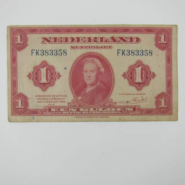 Netherlands 1 Gulden 1943 P64 Dutch Banknote Currency Queen Wilhelmina Vintage