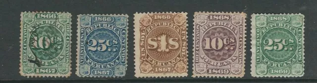 PERU 1866-69 EARLY REVENUES USAGE(?) 5 different mixed USED/UNUSED
