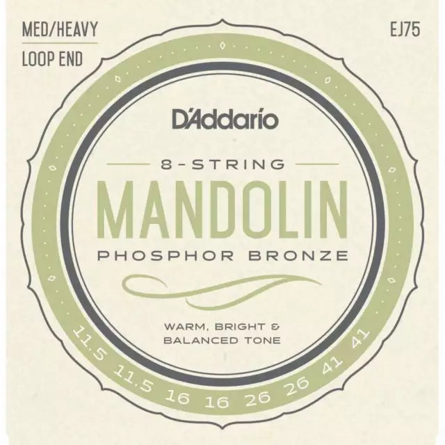 D'Addario EJ75 Mandolin Strings, Phosphor Bronze Wound, Loop End, 11.5-41