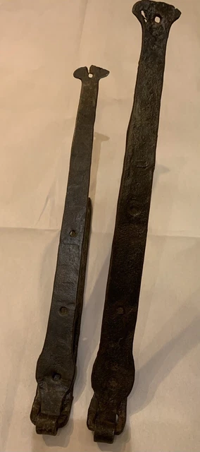 Antique Pair Hand Forged Wrought Iron Strap Hinges; Barn, Chest, Trunk; 1800’s? 3
