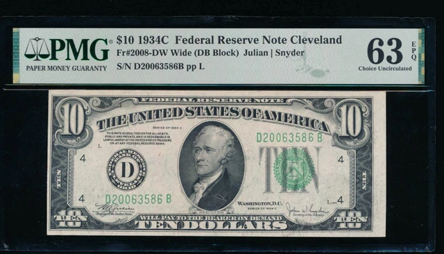 AC 1934A $10 Cleveland  wide FRN PMG 63 EPQ D-B block Fr 2006-D