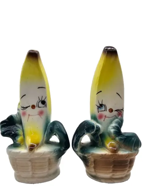 Banana Winking in Basket Anthropomorphic Salt and Pepper Shakers Japan MCM 4"