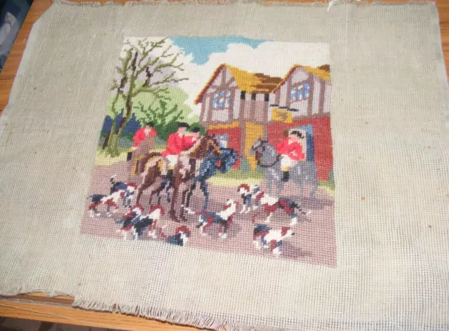 Vintage hand worked wool work tapestry picture hunting scene in hessian backing