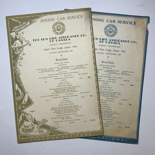 1937 Canadian National Dining Car Breakfast Menus Sun Life Agency Conf Jasper AK