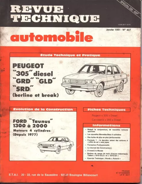 RTA revue technique N°407 PEUGEOT 305 DIESEL GRD GLD SRD BERLINE BREACK   1-1981
