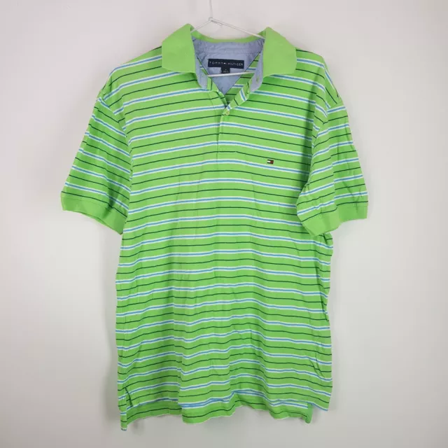 Tommy Hilfiger Polo Shirt Mens M Green Blue Striped Regular Embroidered Logo