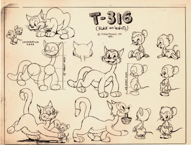 Terrytoons Production Animation Print Model Sheet 1942 Cat Mouse