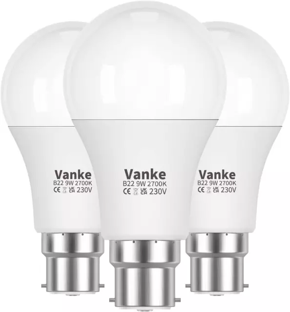 Vanke Bayonet Light Bulb 60w, B22 LED Bulbs Warm White 2700K, 9w Energy...