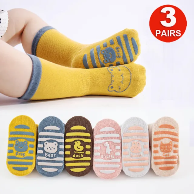 3 Pairs Baby Boys Girls Anti-Slip Socks Cartoon Toddlers Cute Grip Floor Socks