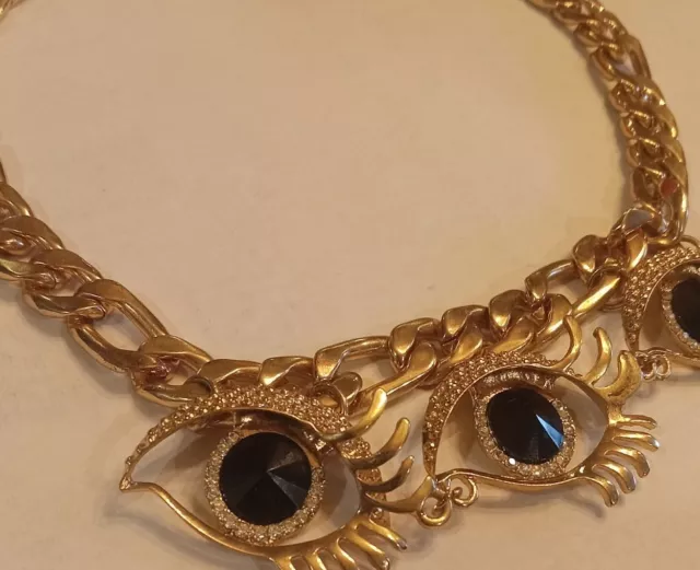 Vintage Style Gold Plated Thick Link Rivoli Rhinestone Evil Eye Collar Necklace 2