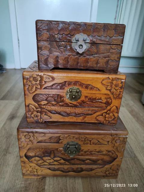 Antique Vintage Hand Carved Chinese Camphor Wood Set of 3 Chests