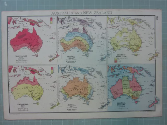 1942 Map Australia New Zealand Temperature Rainfall Density Of Population