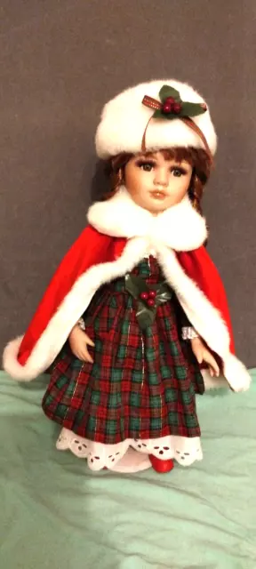 Porcelain Doll Dressed In Her Best Christmas Outfit With Stand  Approx 17" 2