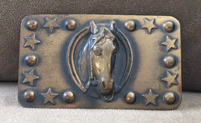 Rare Antique Vintage Old Clasp Western American Horse & Stars Brass Belt Buckle