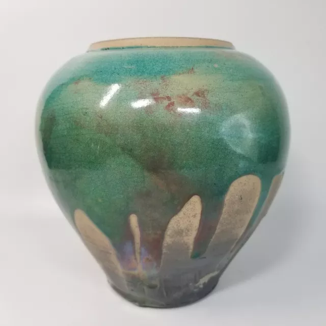 Raku Studio Pottery Vase Signed Drip Glaze Textured Crackle