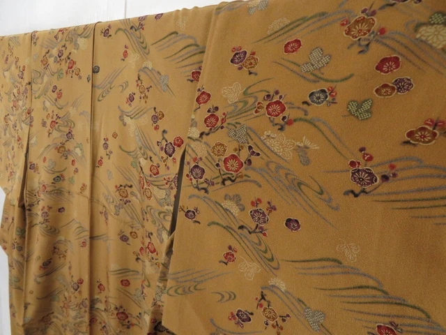 2207T7z850  Japanese Kimono Silk KOMON Plum blossom Ochre