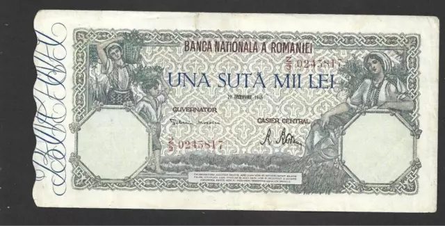 100 000 Lei Very Fine  Banknote From  Romania 1946  Pick-58