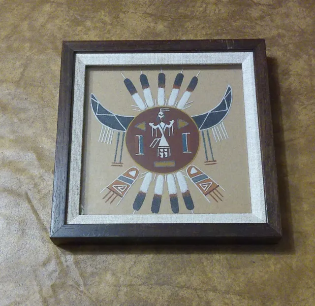 Native American Navajo Sand Painting Sunburst Wood Framed Wall Picture