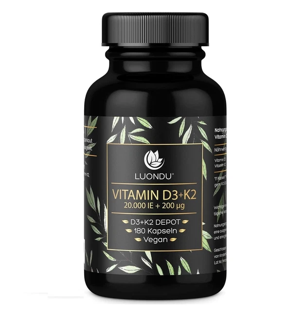 Vitamin D3 20000 I.E + K2 MK7 200 mcg Depot Hochdosiert - 180 Vegane Kapseln