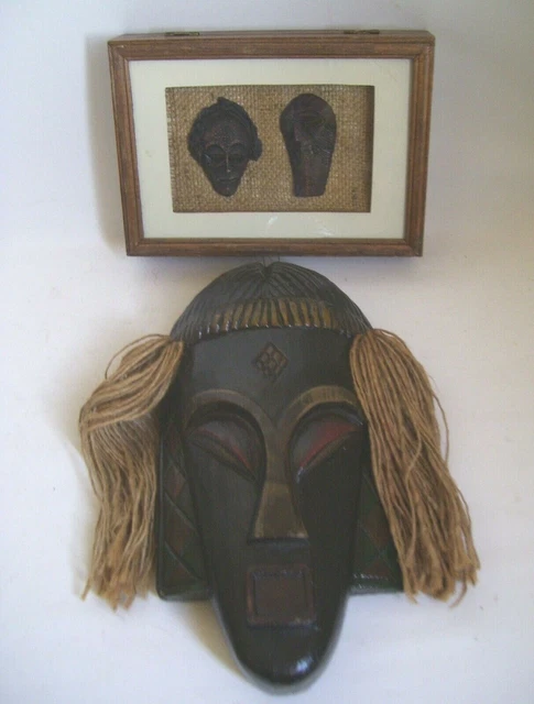 African Wood Dan Wall Hanging Mask and Trinket Shadow Box 2 Pcs Decorative