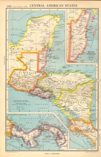 Antique Map 1947 Bartholomew Central American States