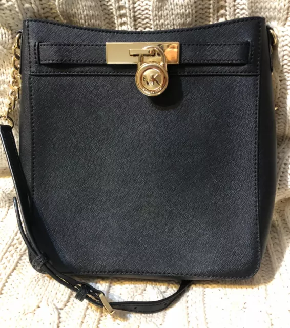 New Michael Kors Hamilton MD NS Black Leather Messenger Bag