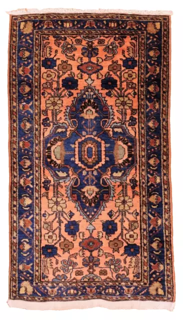Hand Knotted Salmon Red Blue Saroukke Tribal Oriental Wool Area Rug 2'1" x 3'9"