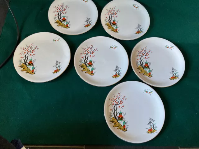 6 Barratts Delphatic White Oriental / Chinese style Pattern dinner plates