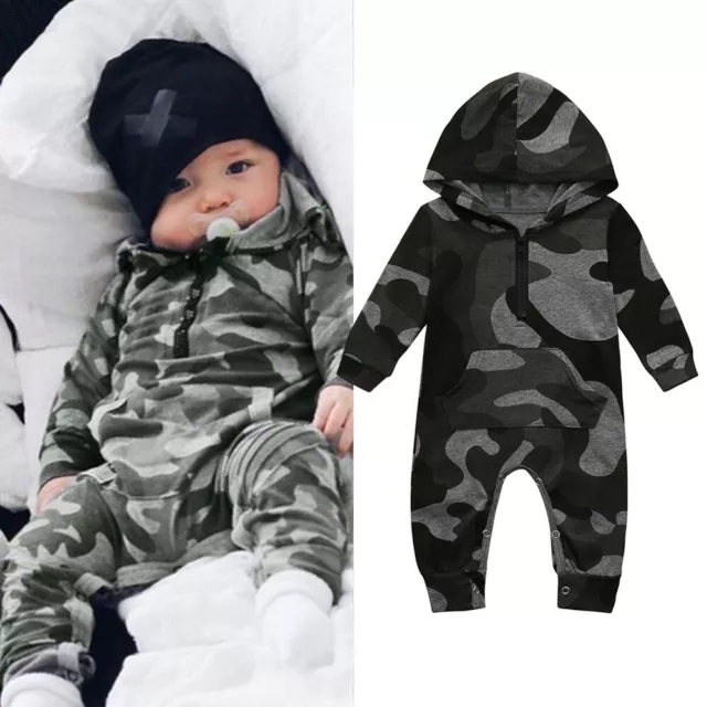 Infant Baby Boys Girls Camouflage Print Hooded Romper Jumpsuit Clothes Outfits