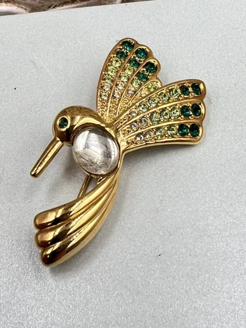 Monet Hummingbird Brooch Pin Clear Jelly Belly Green Rhinestone Gold Tone