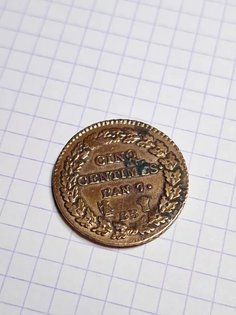 Cinq centimes Dupré, grand module An 7 BB (1799 Strasbourg) en cuivre