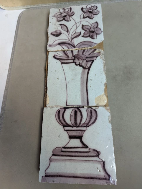3 (Set) Antique 18th C Dutch Delft Manganese Tiles, Vase Flowers VGC for age