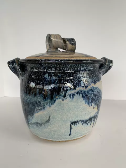 Stoneware Hand thrown Pottery Blue Glazed Crock Cookie Jar Cannister with lid