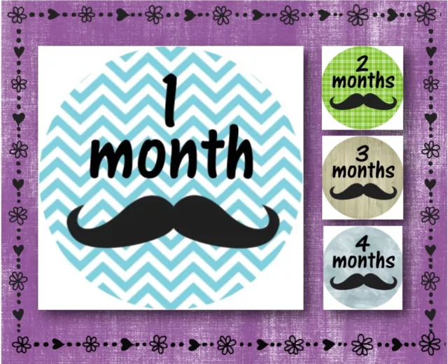 Mustache - Baby Milestone Stickers - Months 1-12 - 2.5" Round Glossy Labels