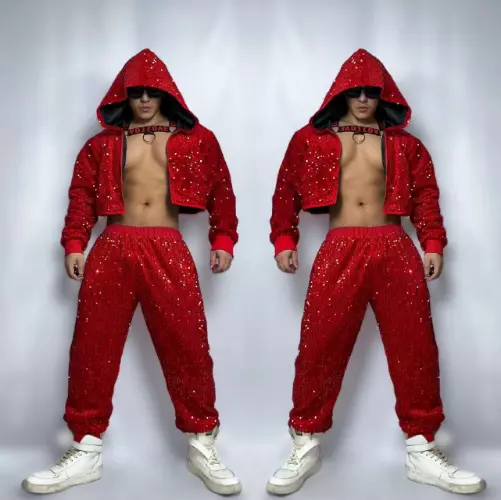 Red Sequins Rave Outfit Hip Hop Dancing Clothes Festival Show Dance Costume