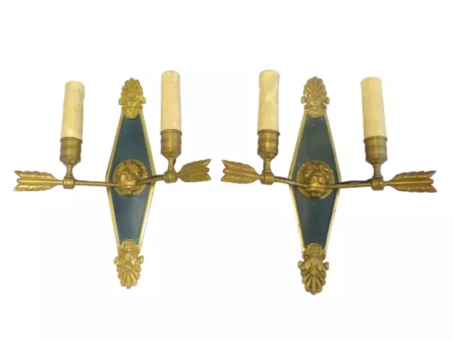 RARE Antique PAIR French Empire Wall Light Sconces 2 Light Arrows Bronze 1920