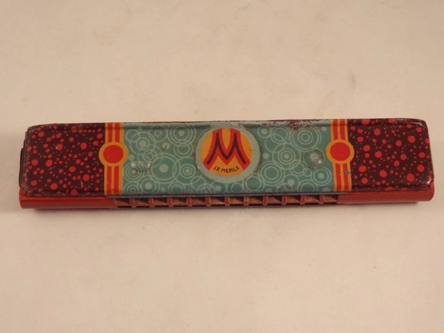 Ancien jouet musical tôle bois Harmonica Merle an. 50 France E.C. Emile CAMELIN