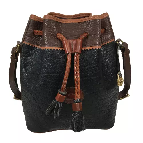 Dooney Bourke Teton AWL Leather Drawstring Hobo Bucket Black Brown Shoulder Bag