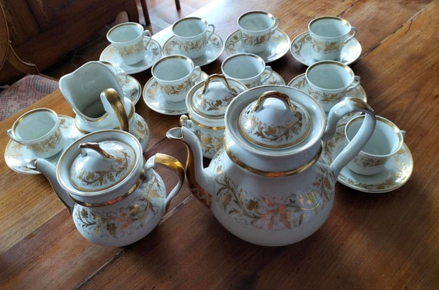 Service à Café Vintage En Porcelaine Dorée - Schaller Wiesau Bavaria - Scènes Romantiques