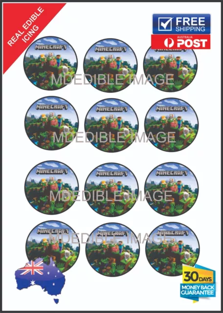 Mine craft Edible Icing Image Cupcake Toppers 12 x 2" Birthday Party decoration