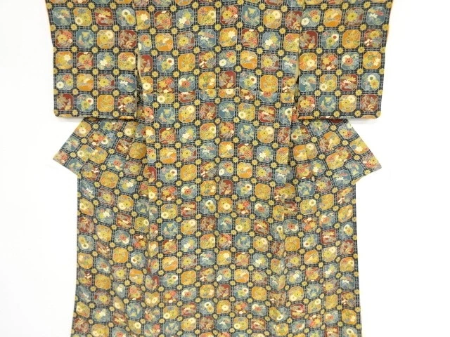 37911# Japanese Kimono / Antique Kimono / Chirimen / Grid With Floral Plants