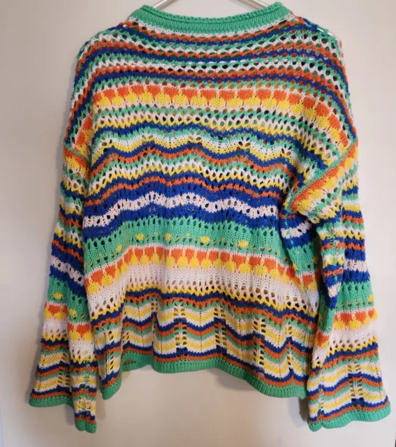 Women's Long Bell Sleeve Crochet Sweater Large Chevron stripe