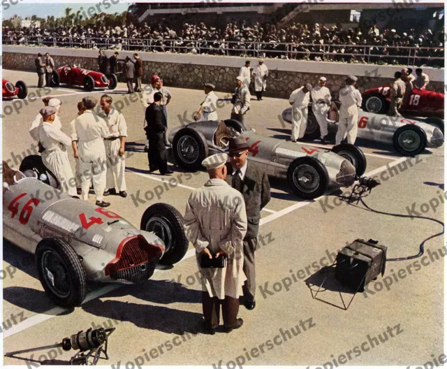 Farbfoto Startaufstellung GP Tripolis Mercedes Silberpfeile Mechaniker Auto 1938