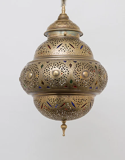 Antique Brass Moroccan Pendant Lamp with Coloured Glass Inserts 3