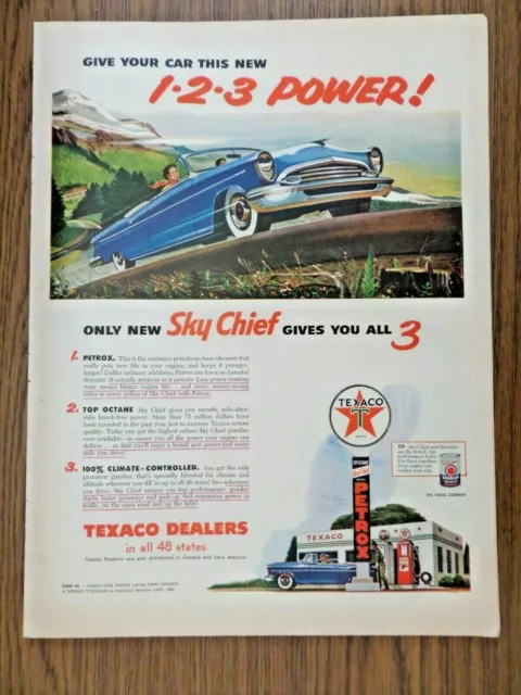 1955 Texaco Sky Chief Gasoline Ad   Give Your car 1-2-3 Power