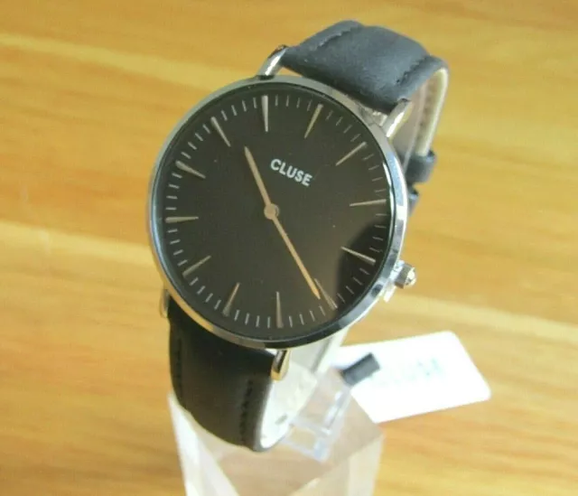 Nuovo Donna Cluse Orologio Quadrante Nero Acciaio Inox Custodia Pelle Cinturino