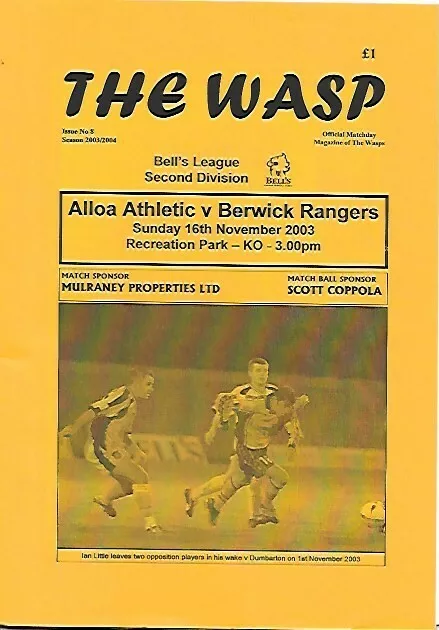 Alloa Athletic v Berwick Rangers Scottish League Second Div 16th Nov 2003