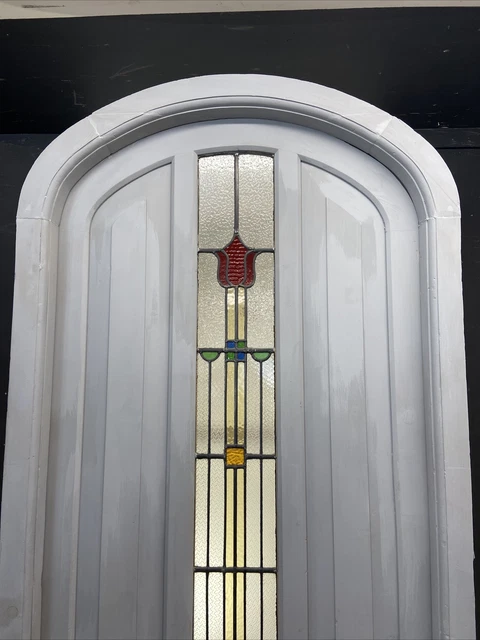 1 Stained Glass Front Door Wooden Reclaimed Old Antique Lead Arched Wood Frame 2
