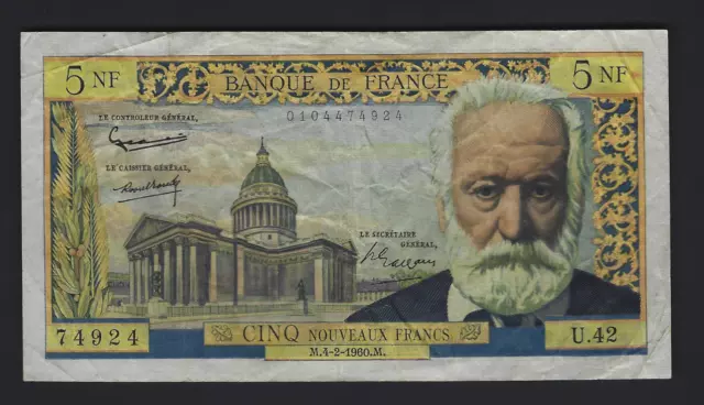 1960 France 5 Nouveaux Francs - Victor Hugo portrait - #141a Very Fine