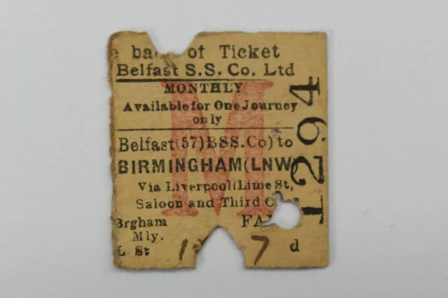 Ireland Railway Ticket No 1294 BELFAST (57) BSS.CO to BIRMINGHAM (LNW) JUL 1949